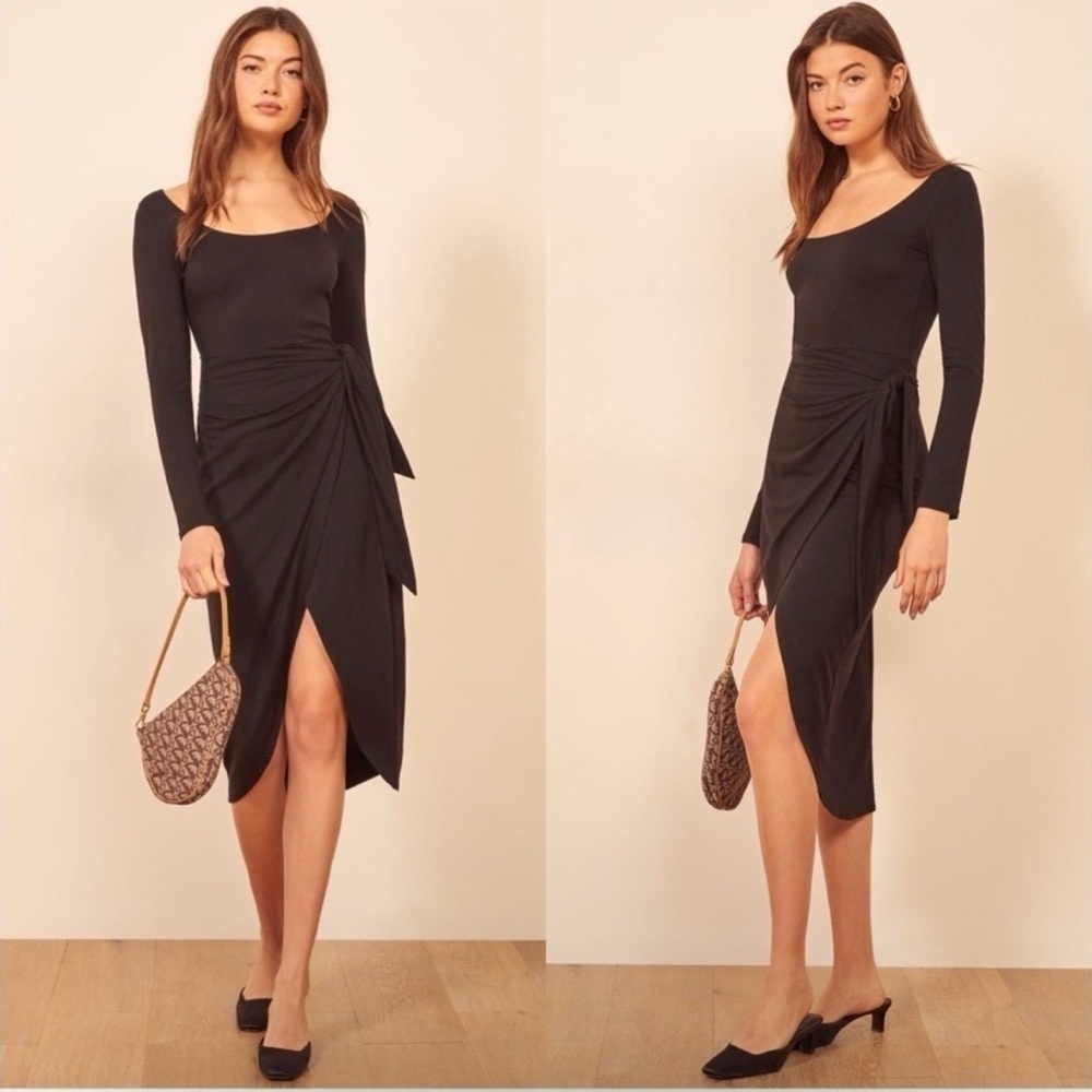 Reformation Black Long-Sleeve Elisa Wrap Midi Dress
